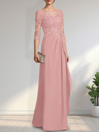 A-Linien-Kleid mit U-Boot-Ausschnitt, Illusion-Effekt, bodenlang, aus Chiffon und Spitze, mit Perlen, Pailletten und kaskadenartigen Rüschen – perfekt für die Mutter der Braut.