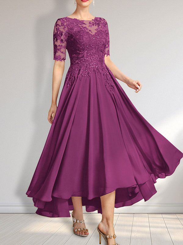 A-Linien-Kleid mit asymmetrischem Chiffon-Spitzenausschnitt und Pailletten für die Mutter der Braut 