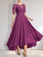 A-Linien-Kleid mit asymmetrischem Chiffon-Spitzenausschnitt und Pailletten für die Mutter der Braut 