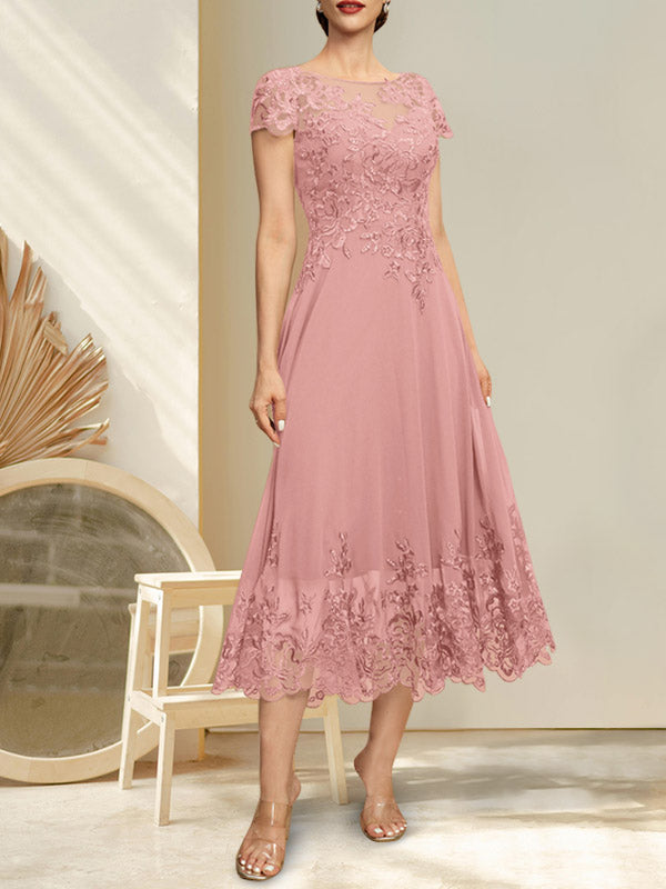 A-Linien-Kleid mit Illusion-Ausschnitt, Rundhalsausschnitt, Teelänge, Spitze und Chiffon, mit Pailletten, für die Mutter der Braut