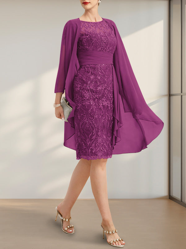 Etuikleid/Säulenkleid mit Illusion-Ausschnitt, knielang, aus Chiffon mit Spitze, Kaskadenrüschen und Pailletten für die Mutter der Braut