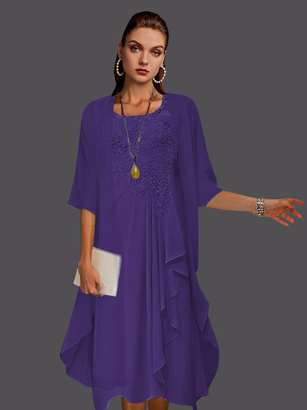 Zweiteiliges, ärmelloses A-Linien-Kleid aus Chiffonspitze mit Faltenapplikationen 