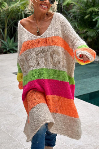 Vestido estilo suéter a media pierna con cuello en V y estampado de letras de Meridress
