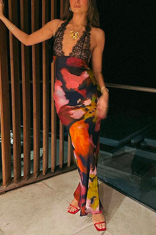 Meridress Rückenfreies, figurbetontes Maxikleid mit V-Ausschnitt und Spitzenbesatz