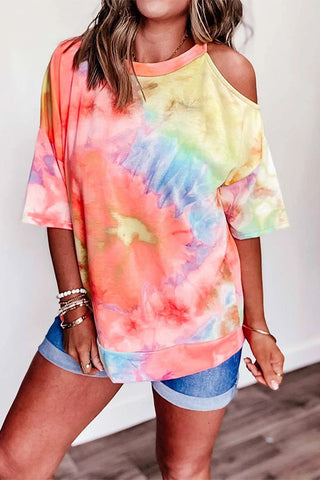 Crew Neck Cold Shoulder Tie Dye T-shirt
