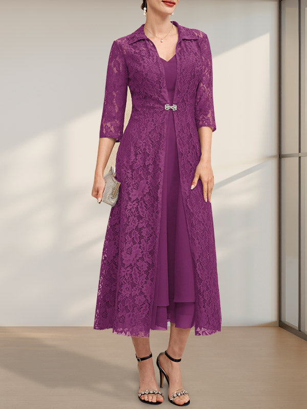 A-Linien-Chiffonkleid mit V-Ausschnitt und Teelänge für die Mutter der Braut