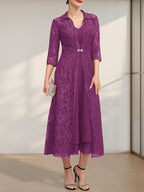 A-Linien-Chiffonkleid mit V-Ausschnitt und Teelänge für die Mutter der Braut