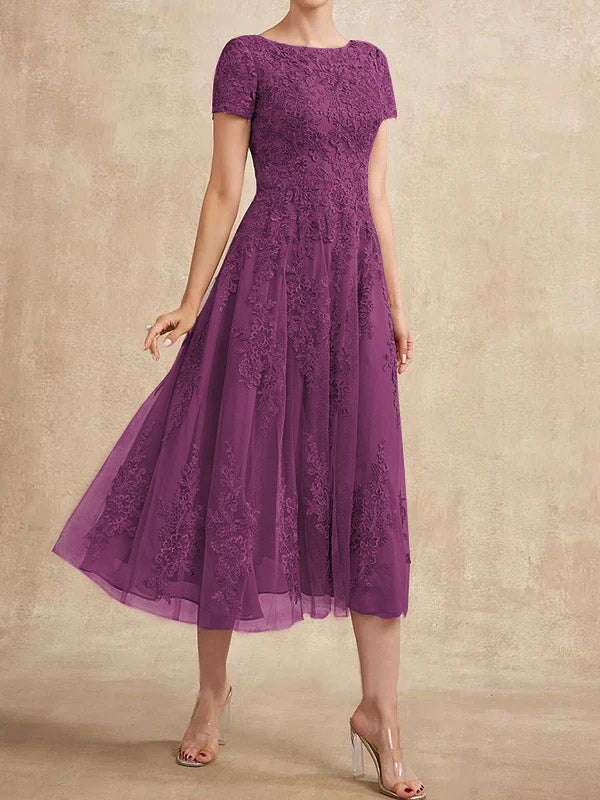 A-Linien-Kleid aus Tüllspitze mit Rundhalsausschnitt und Teelänge für die Mutter der Braut 
