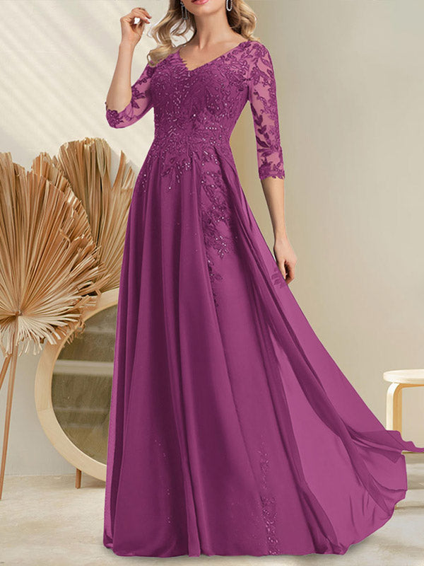 A-Linien-Kleid aus Chiffon mit V-Ausschnitt, bodenlang, mit Pailletten besetzt – ideal für die Mutter der Braut
