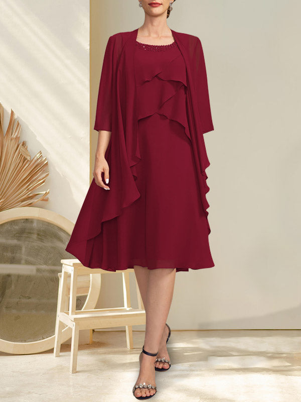 A-Linien-Chiffonkleid mit Rundhalsausschnitt und Perlenstickerei, knielang, für die Mutter der Braut