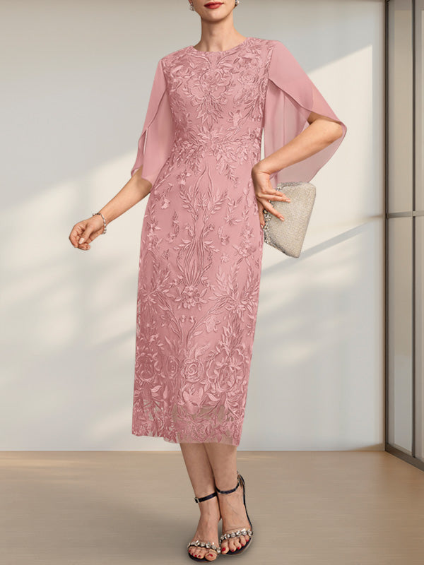 Etuikleid/Säulenkleid mit Rundhalsausschnitt, Teelänge, aus Spitze und Chiffon, ideal für die Mutter der Braut