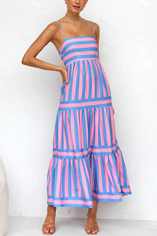 Meridress Spaghetti Strap Tiered Color Block Striped Maxi Dress