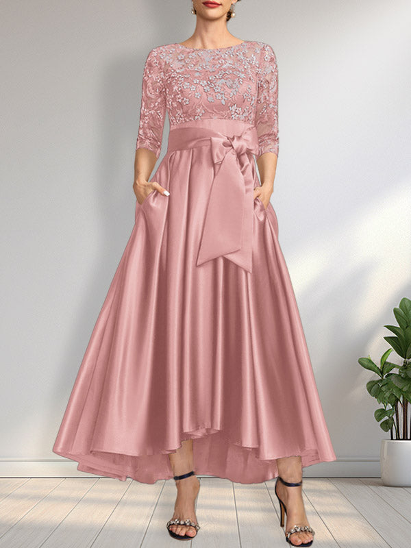 A-Linien-Kleid mit asymmetrischem Ausschnitt, Illusion-Effekt, Satinspitze und Schleife für die Mutter der Braut