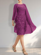 Etuikleid mit Rundhalsausschnitt, Illusion-Effekt, knielang, aus Chiffon mit Spitze, Rüschen und Pailletten – ideal für die Mutter der Braut