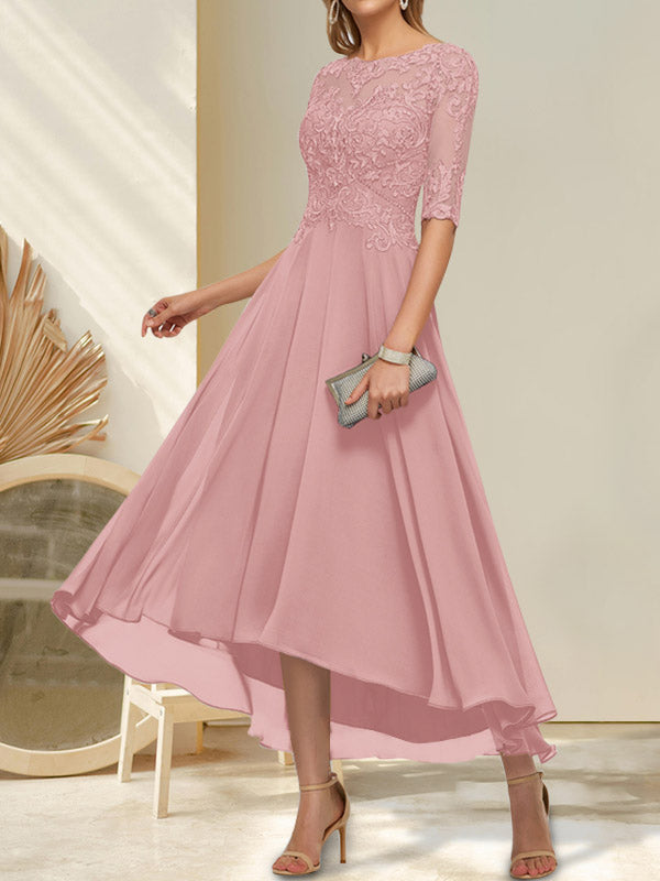 A-Linien-Kleid mit U-Boot-Ausschnitt, Illusion-Effekt, asymmetrischem Chiffon-Spitzenbesatz und Paillettenstickerei für die Mutter der Braut.