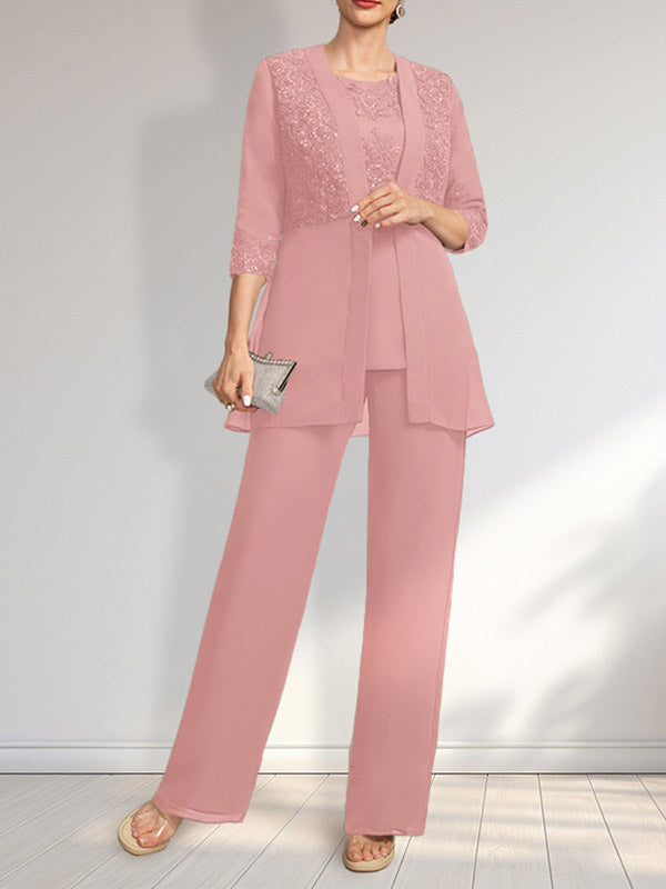 Jumpsuit/Hosenanzug-Set, bodenlanges Chiffon-Spitzenkleid mit Pailletten für die Mutter der Braut mit Rundhalsausschnitt