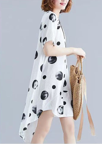 Hermosos vestidos de mezcla de algodón con lunares blancos Para obtener vestidos de verano tipo túnica con cuello alto en mezcla de algodón 