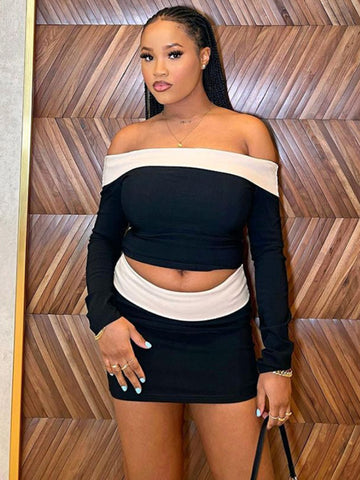 TARUXY Splice Slim Kleid Anzüge Für Frauen Bodycon Off The Shoulders Crop Tops Hot Girls Elegante Mini Rock 2 Stück Sets Outfits 