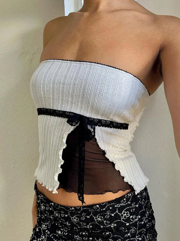 TARUXY - Tops cortos ajustados de malla con empalme para mujer, sin mangas, con hombros descubiertos, sexys, sin espalda, bonitos, con lazo, camisetas cortas para mujer 