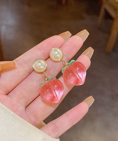 Cute Red Alloy Acrylic Pearl Peach Drop Earrings