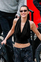 Loose V Neck Halter Solid Waist Button Backless Tank Top