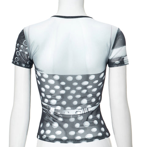 Camiseta gráfica de verano Y2K 2000S, moda urbana para mujer, tops cortos con estampado de malla 
