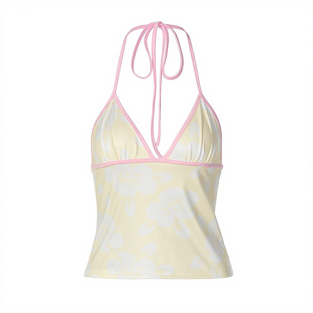 Casual Floral Print V Neck Halter Top