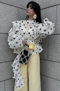 Dot Ruffled Tie Stand Collar Blouse