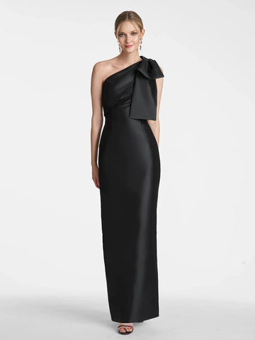 Schwarzes Partykleid mit One-Shoulder-Schleife, asymmetrisch, elegantes Maxikleid 