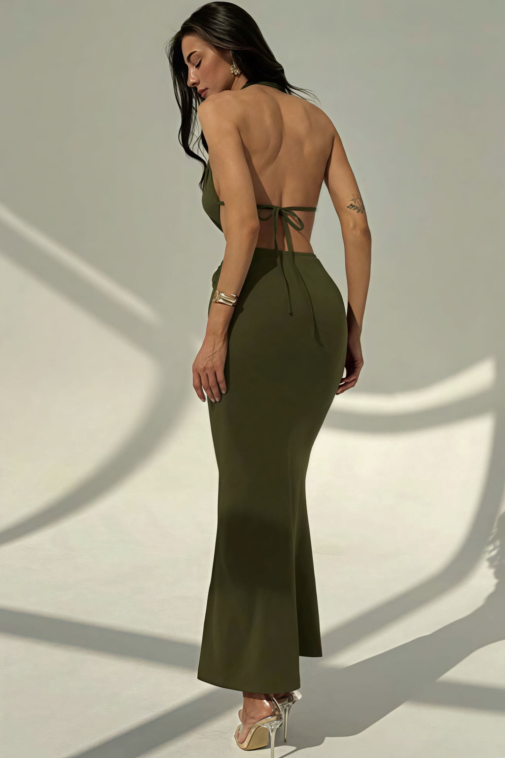 Sexy Halter Deep V Neck Backless Metal Maxi Dress