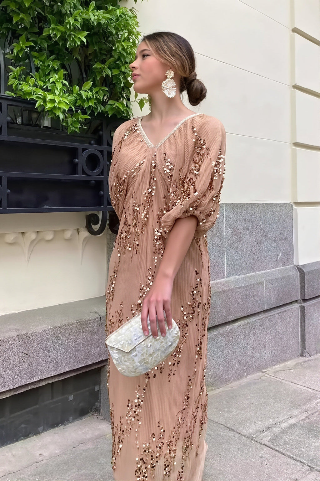 Sequin Deep V-Neck Maxi Dress