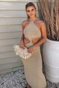 Halter Neck Backless Hollow Out Slim Maxi Dress