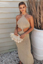 Halter Neck Backless Hollow Out Slim Maxi Dress