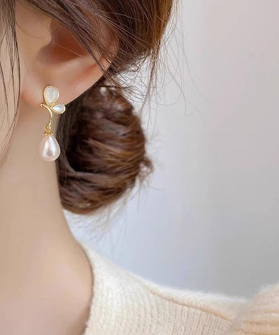 Boho Champagne Color Sterling Silver Alloy Butterfly Pearl Drop Earrings