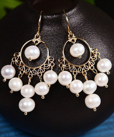 Pendientes colgantes con borlas de perlas de oro blanco de 14 quilates 