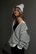 Retro Color Block Loose Zip Knit Cardigan