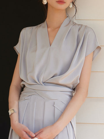 Loose Raglan Sleeve Knot Pleated Solid Color Split-Joint V-Neck Blouses&Shirts Tops