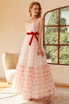 Vestido de fiesta largo estilo princesa, corte en A, escote corazón y lazo