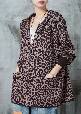 French Khaki Oversized Strickjacke mit Leopardenmuster Frühling 