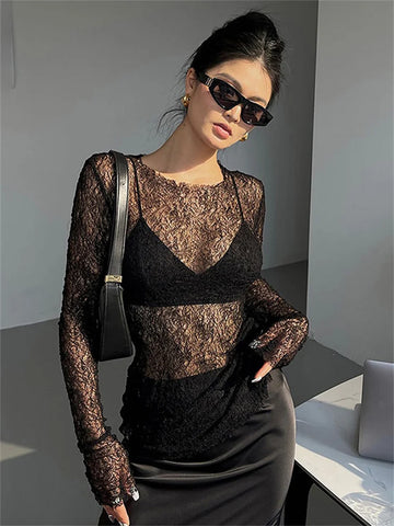 Tossy Black See-Through Sexy Pullover T-shirt Female Slim Patchwork Long Sleeve Hollow Out Streetwear Summer Women's Tee Clothes