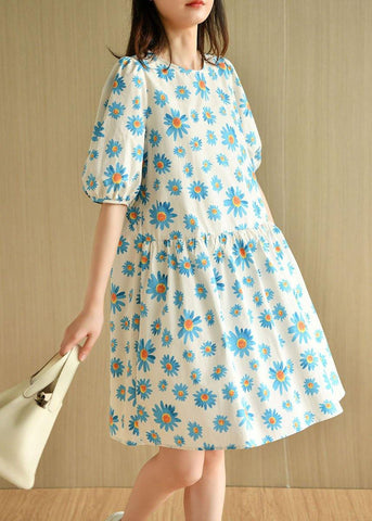 Vestidos casuales de algodón de verano con media manga y cuello redondo en azul 