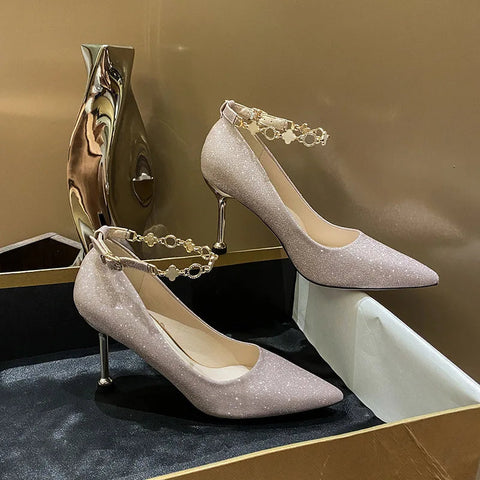 Silber gerade linie schnalle Französisch high heels modische dünne absätze spitz einzelnen schuhe braut brautjungfern hochzeit schuhe frauen 