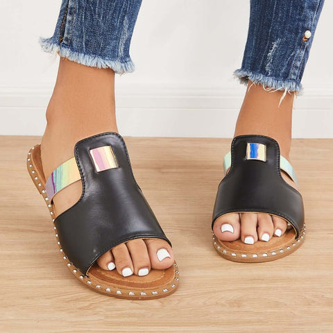 Bunte, offene Zehenpartie zum Hineinschlüpfen, flache Hausschuhe, Slide-Sandalen 