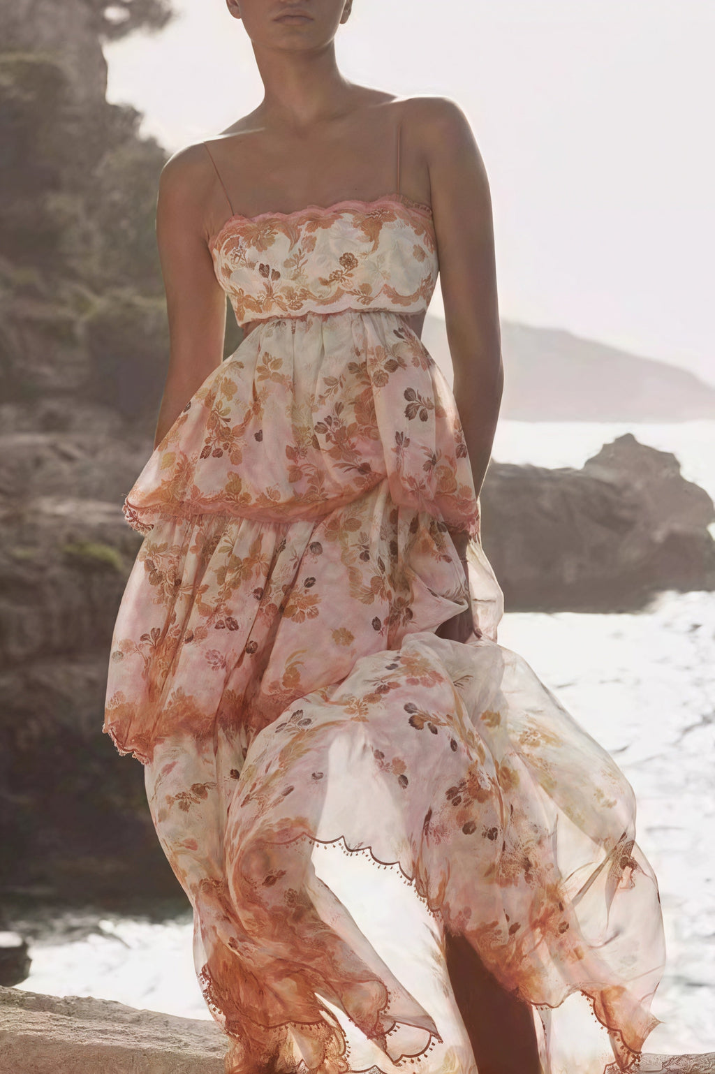 Fashion Tiered Spaghetti Strap Tassel Cutout Waist Embroidered Maxi Dress