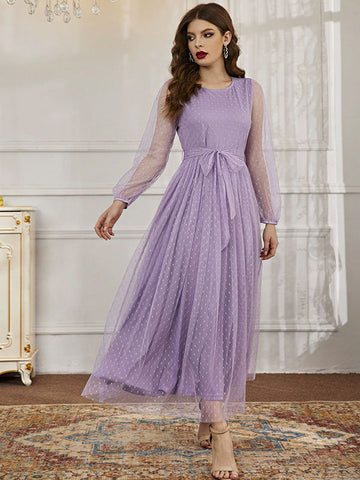 Maxi Dress Jewel Neck Long Sleeves Casual Sheer Sash Long Dress