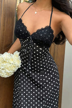 Elegant Polka Dot Halter Lace Spliced Back Tie Slimming Maxi Dress