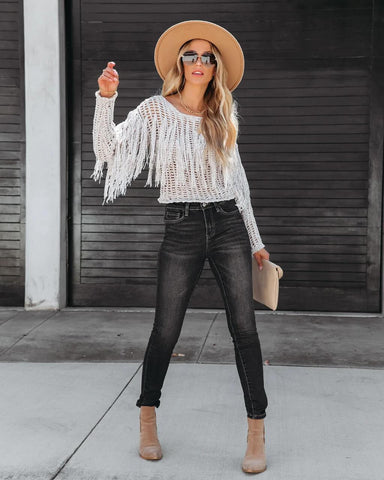 Ramy Crochet Fringe Sleeves Cover Up Top - Grey
