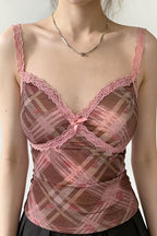 Elegant Pink Plaid Lace Cami Top