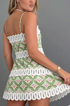 Linen Printed Cutout Lace Cami Mini Dress