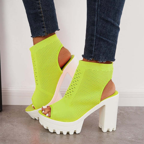 Mesh Peep Toe Platform Chunky High Heels Slingback Sandals
